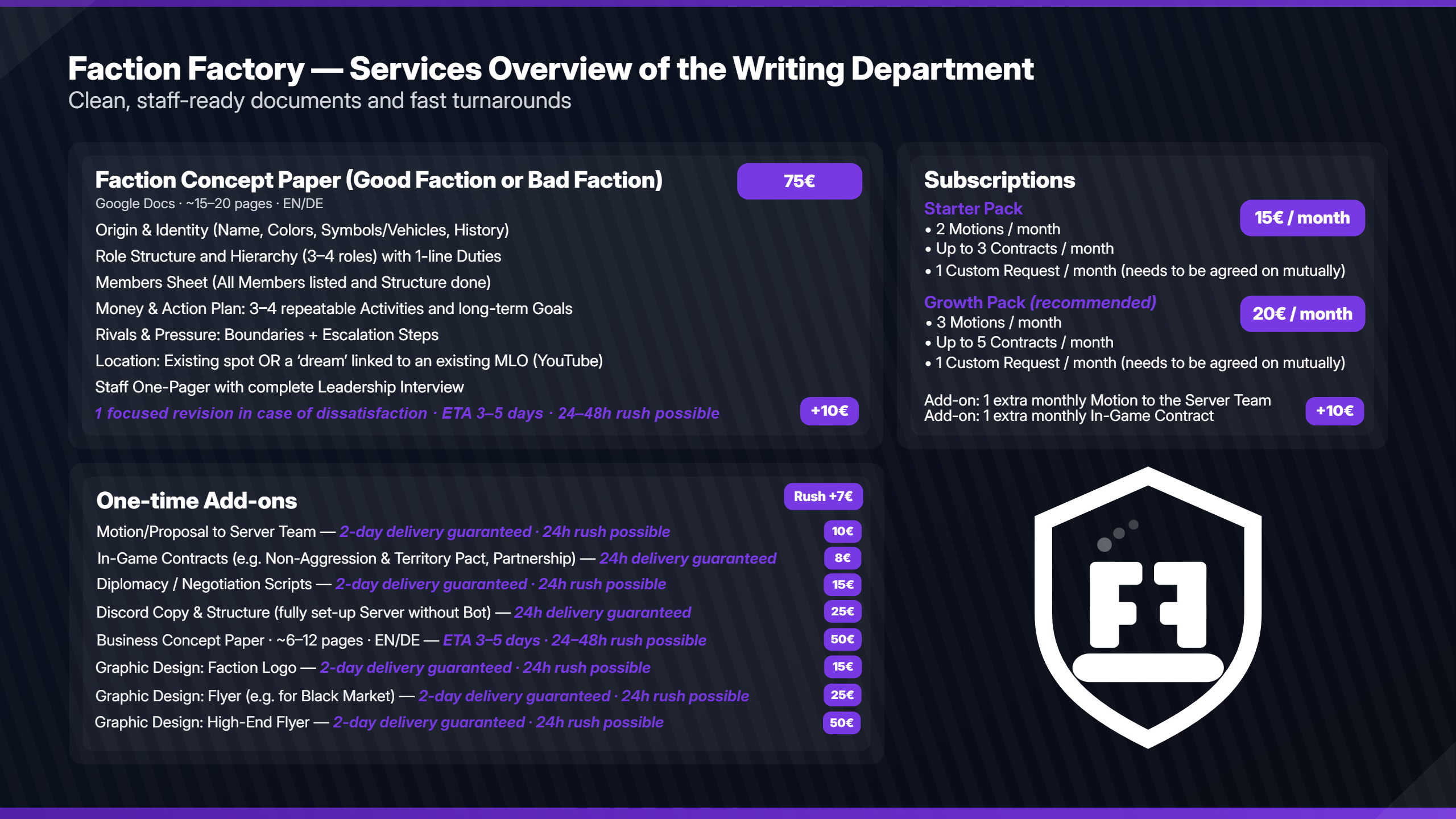 Writing Department pricing